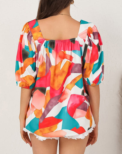 Abstract Square Neck 3/4 Sleeve Blouse