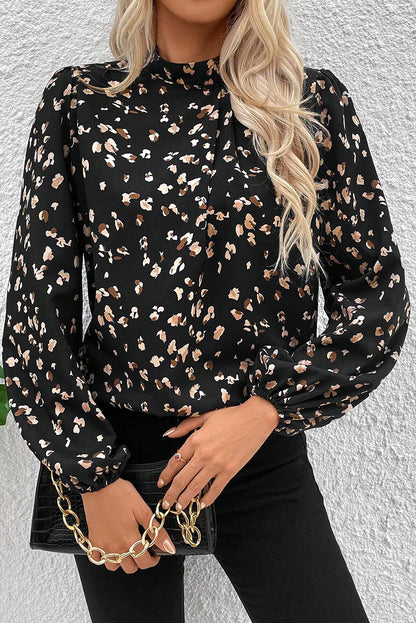 Leopard Pleated Lantern Sleeve Blouse