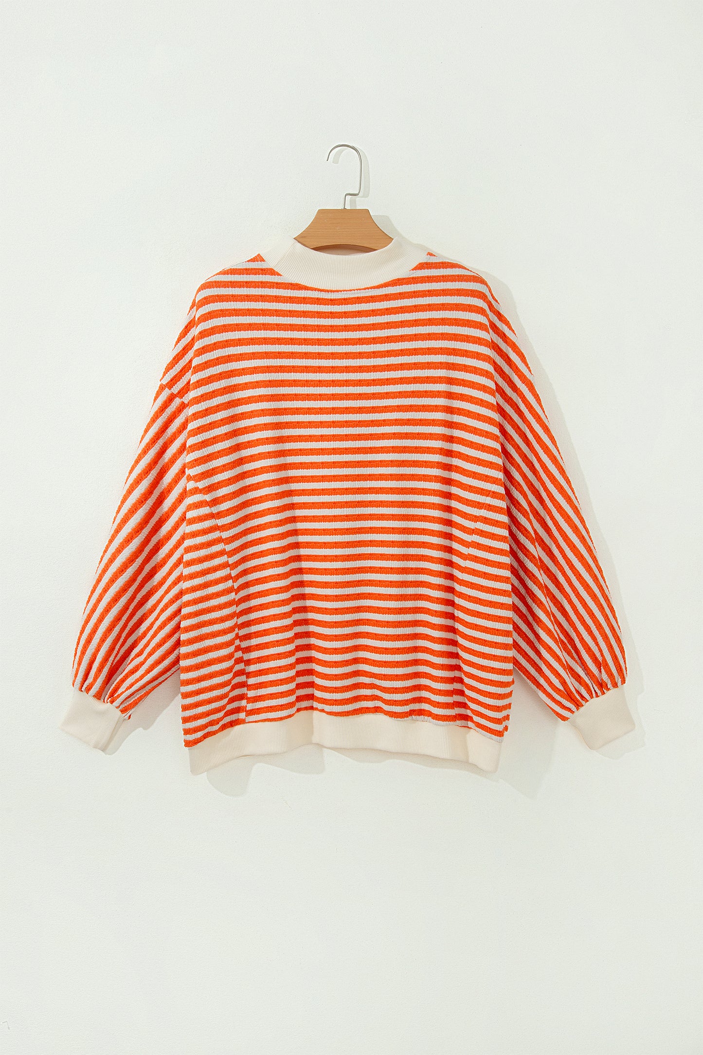 Stripe Textured Mock Neck Long Sleeve Oversized Top