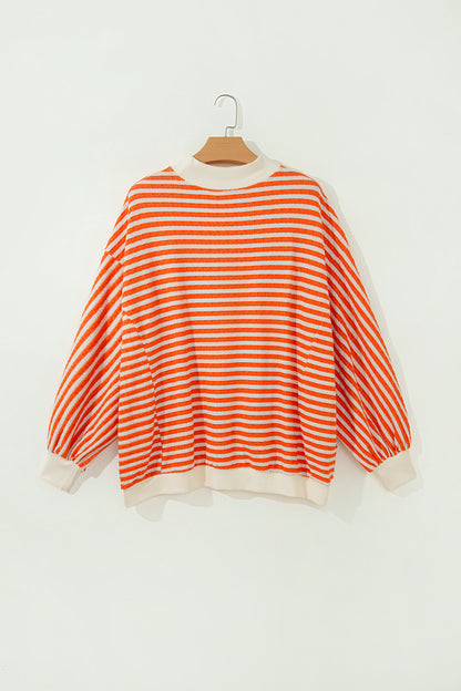 Stripe Textured Mock Neck Long Sleeve Oversized Top