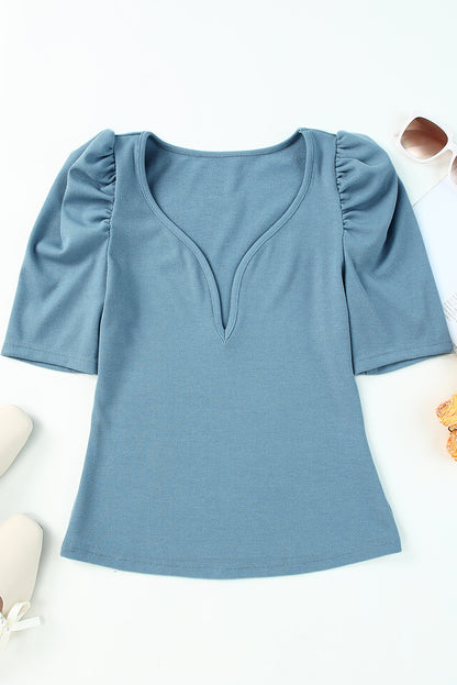 Ribbed Ruched Sleeve V Neck Top