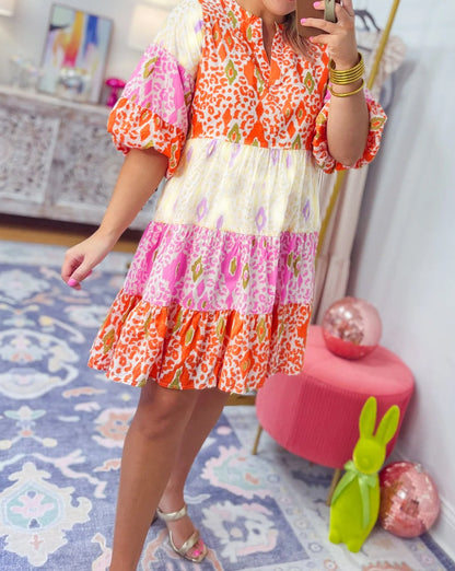 Abstract Colorblock Bubble Sleeve Dress