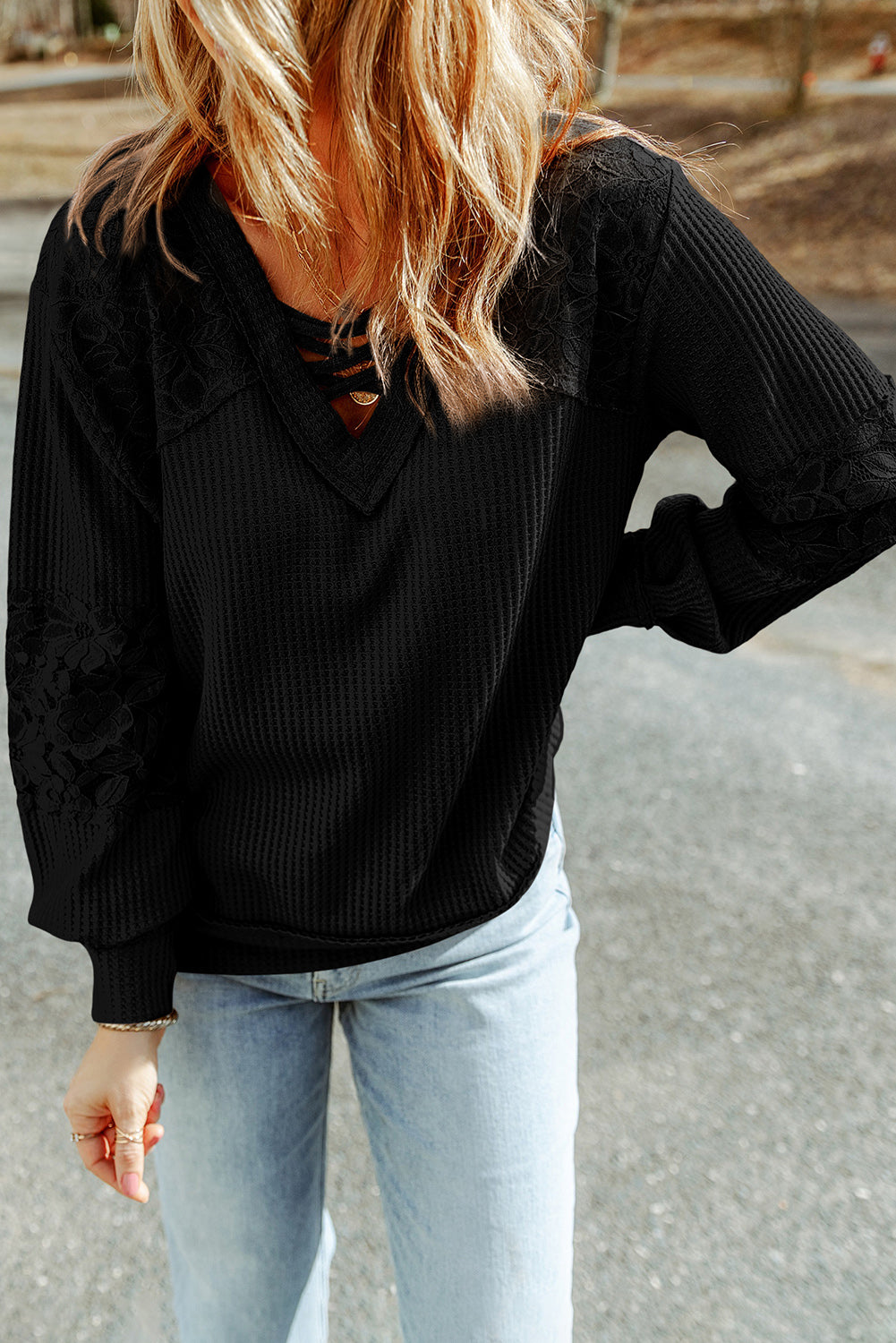 Lace Waffle Patchwork Long Sleeve Top