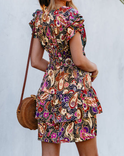 Paisley Flutter Sleeve Tiered Dress