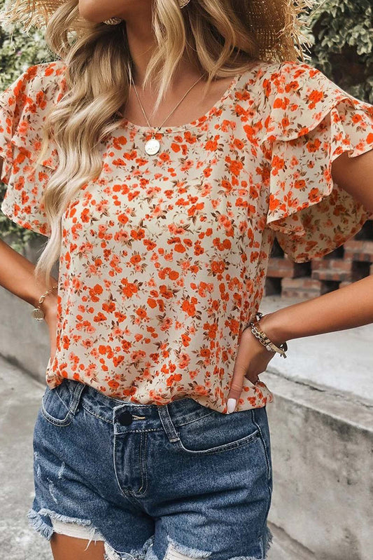 Floral Tiered Flutter Sleeve Blouse