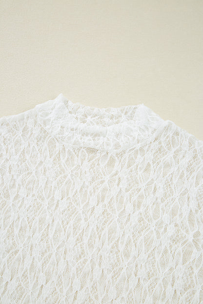 Sheer Lace Bell Sleeve Mock Neck Blouse