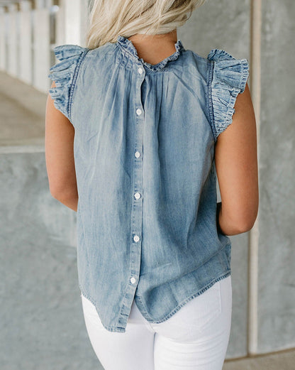 Chambray Pleated Button Back Top