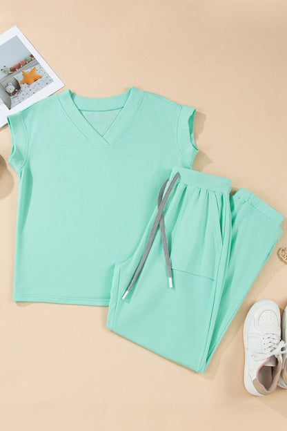 Solid V-Neck Tee and Drawstring Pants Set