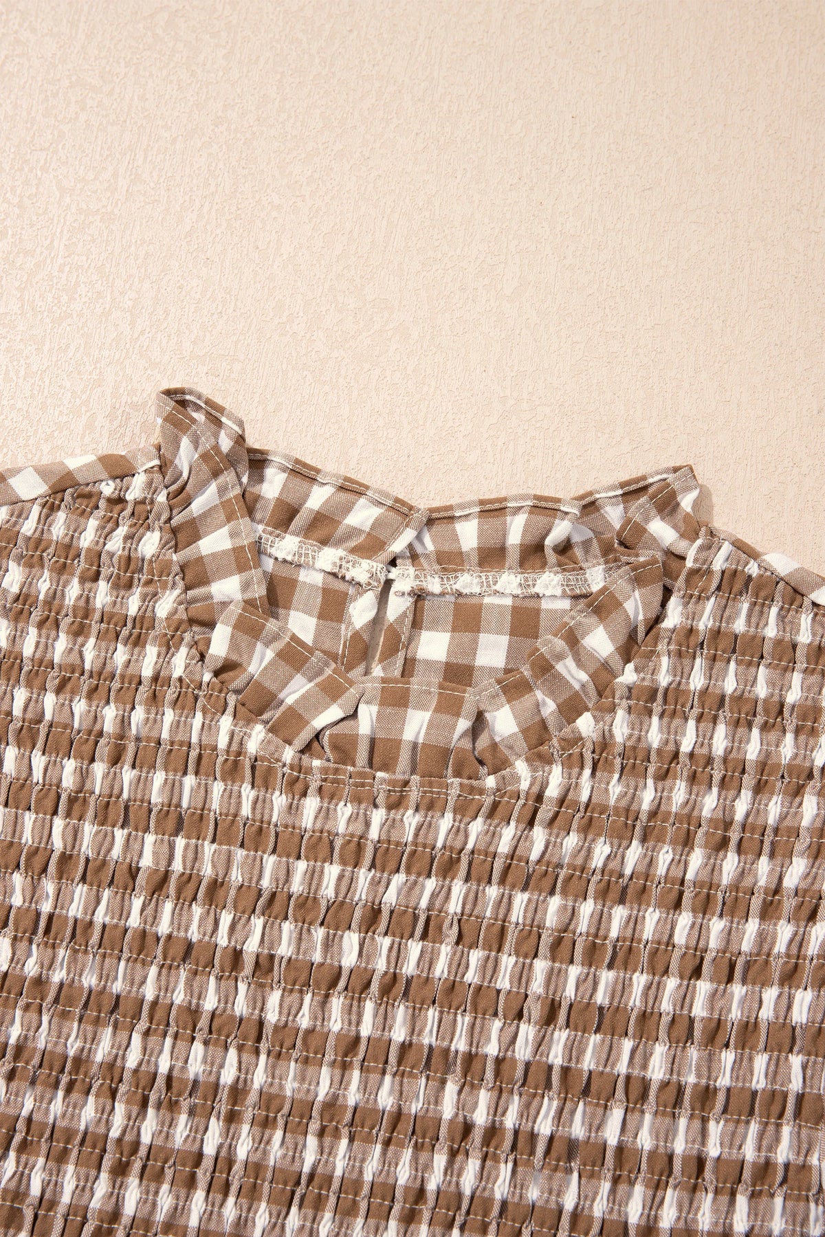 Gingham Smocked 3/4 Sleeve Ruffle Peplum Top