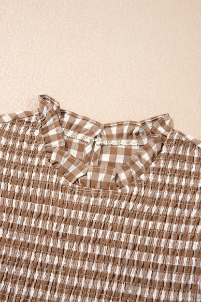 Gingham Smocked 3/4 Sleeve Ruffle Peplum Top