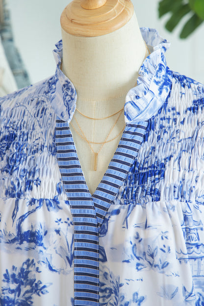 Floral Stripe Contrast V-Neck Puff Sleeve Blouse