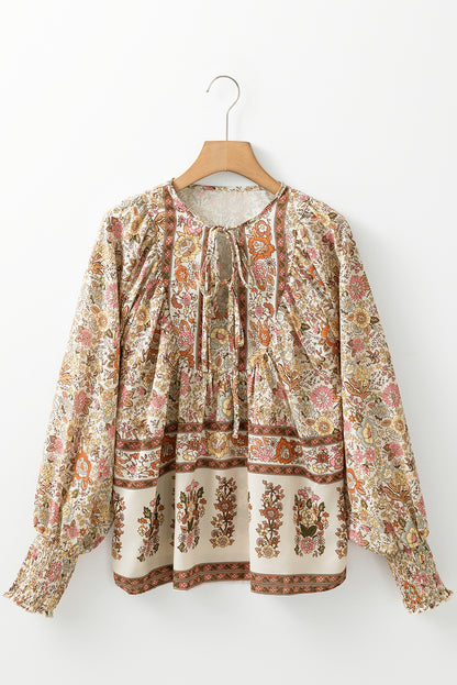 Floral Tie Neck Lantern Sleeve Blouse