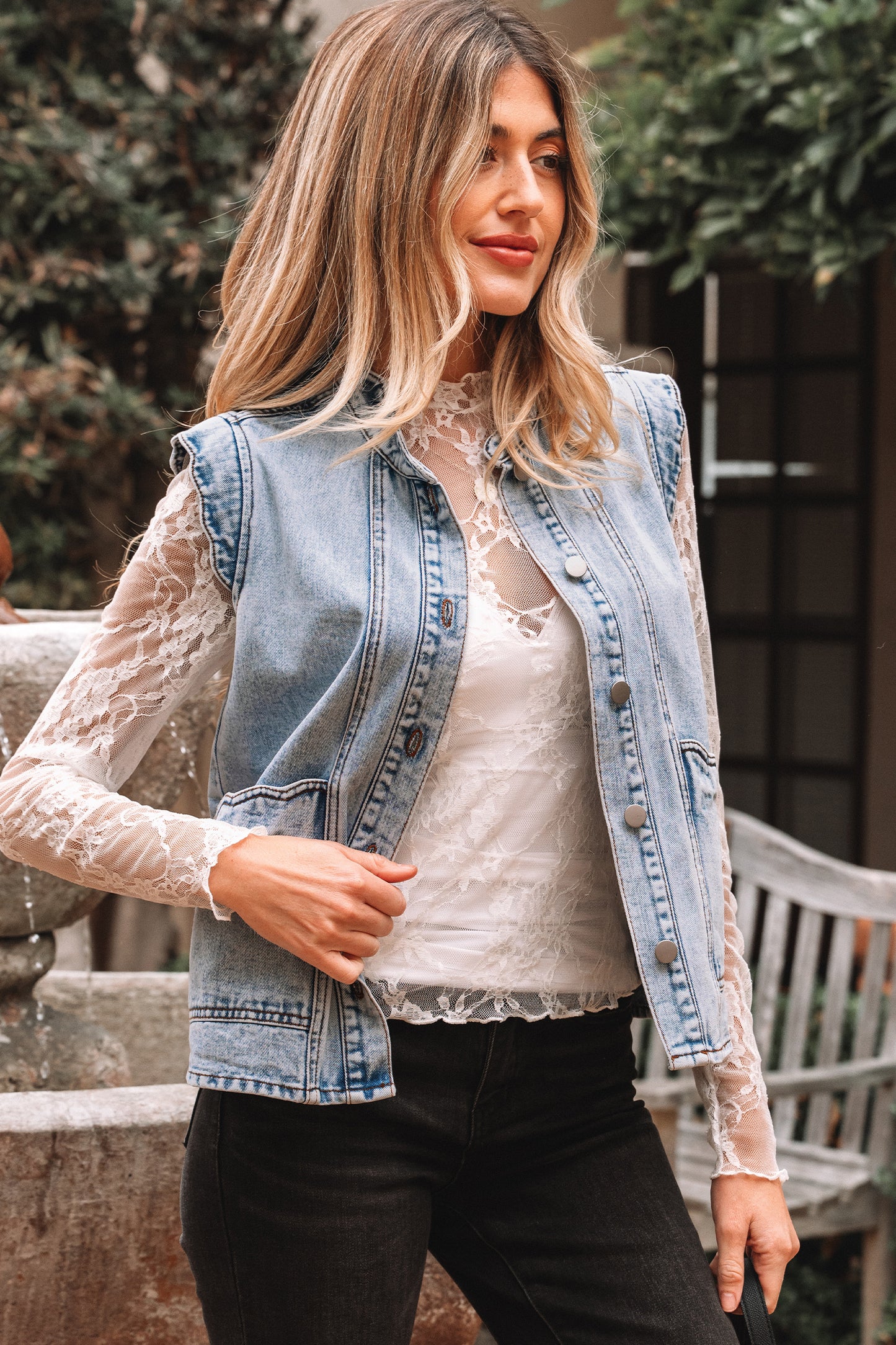 Denim Button-Front Scallop Trim Patch Pocket Vest