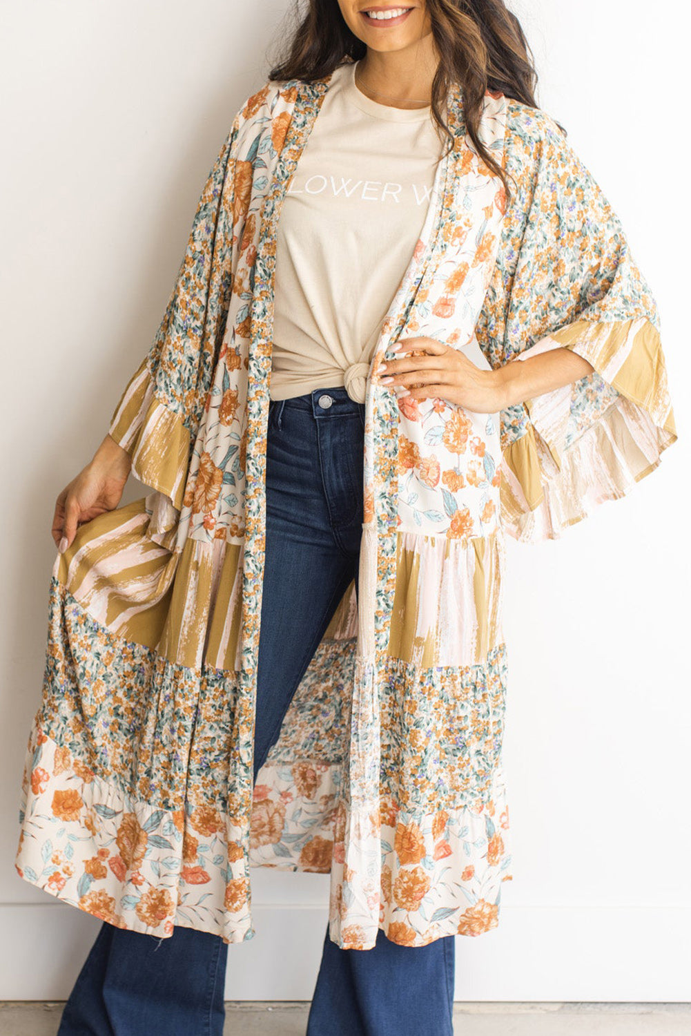 Multicolor Floral Tiered Kimono