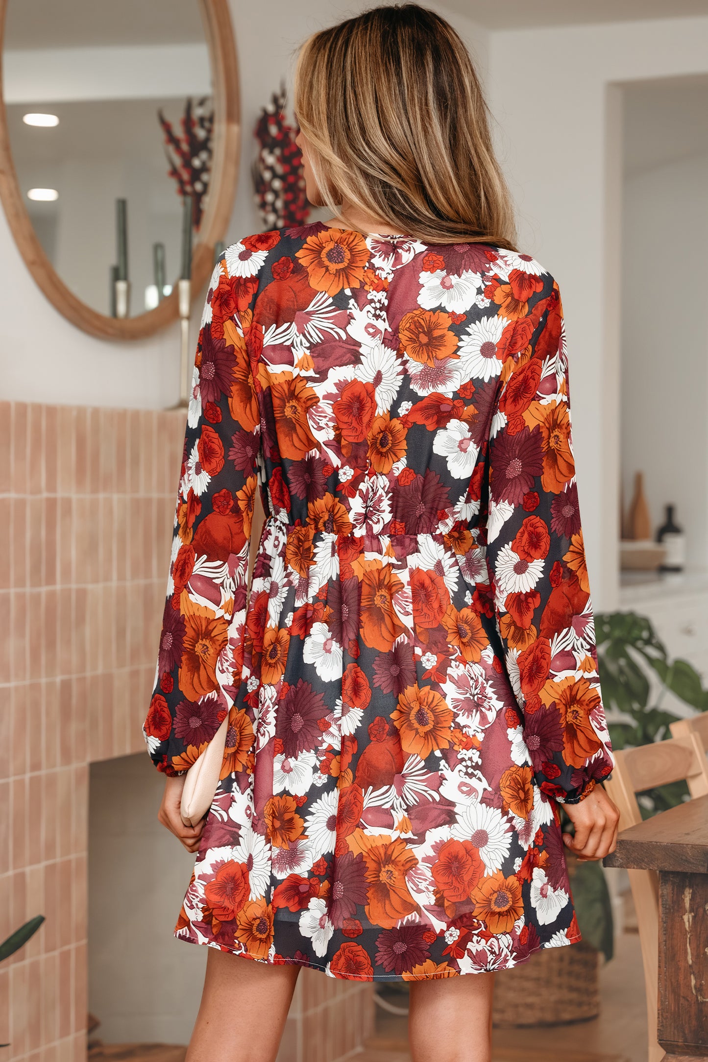 Floral Wrap V-Neck Puff Sleeve Mini Dress