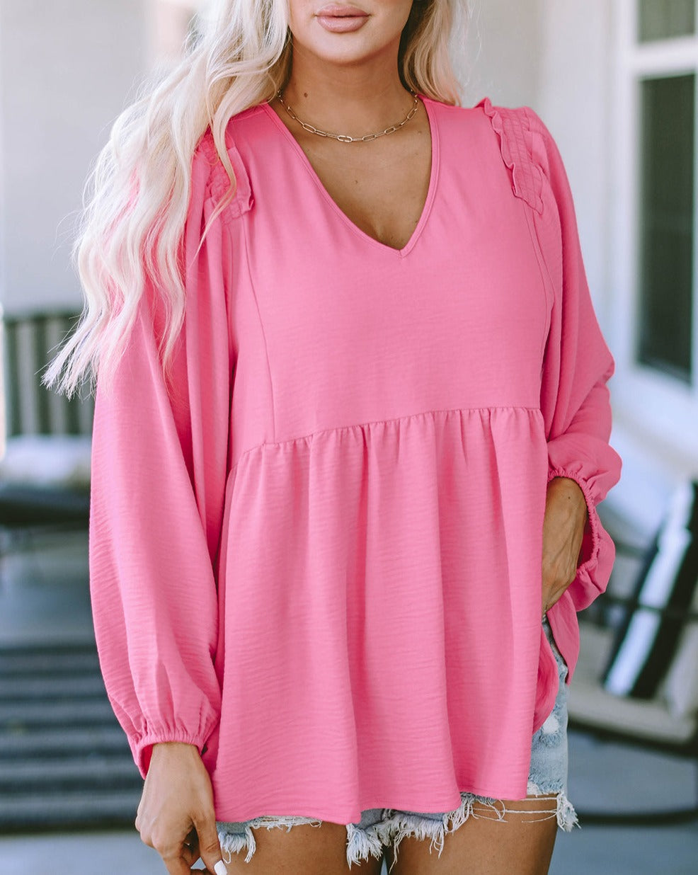 Babydoll Puff Sleeve V-Neck Blouse