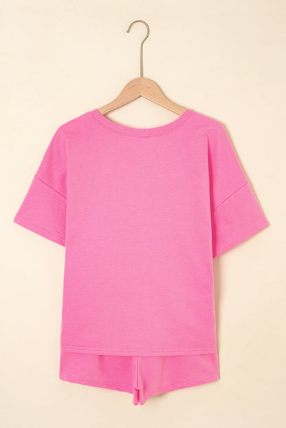 V-Neck Drop Shoulder Tee & Patchwork Drawstring Shorts Set