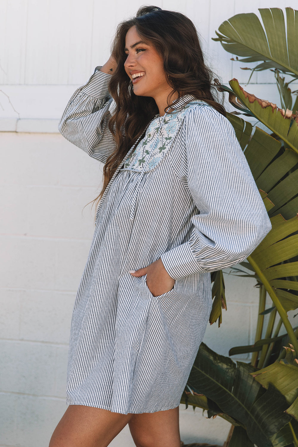 Stripe Floral Patchwork Tied V-Neck Mini Dress