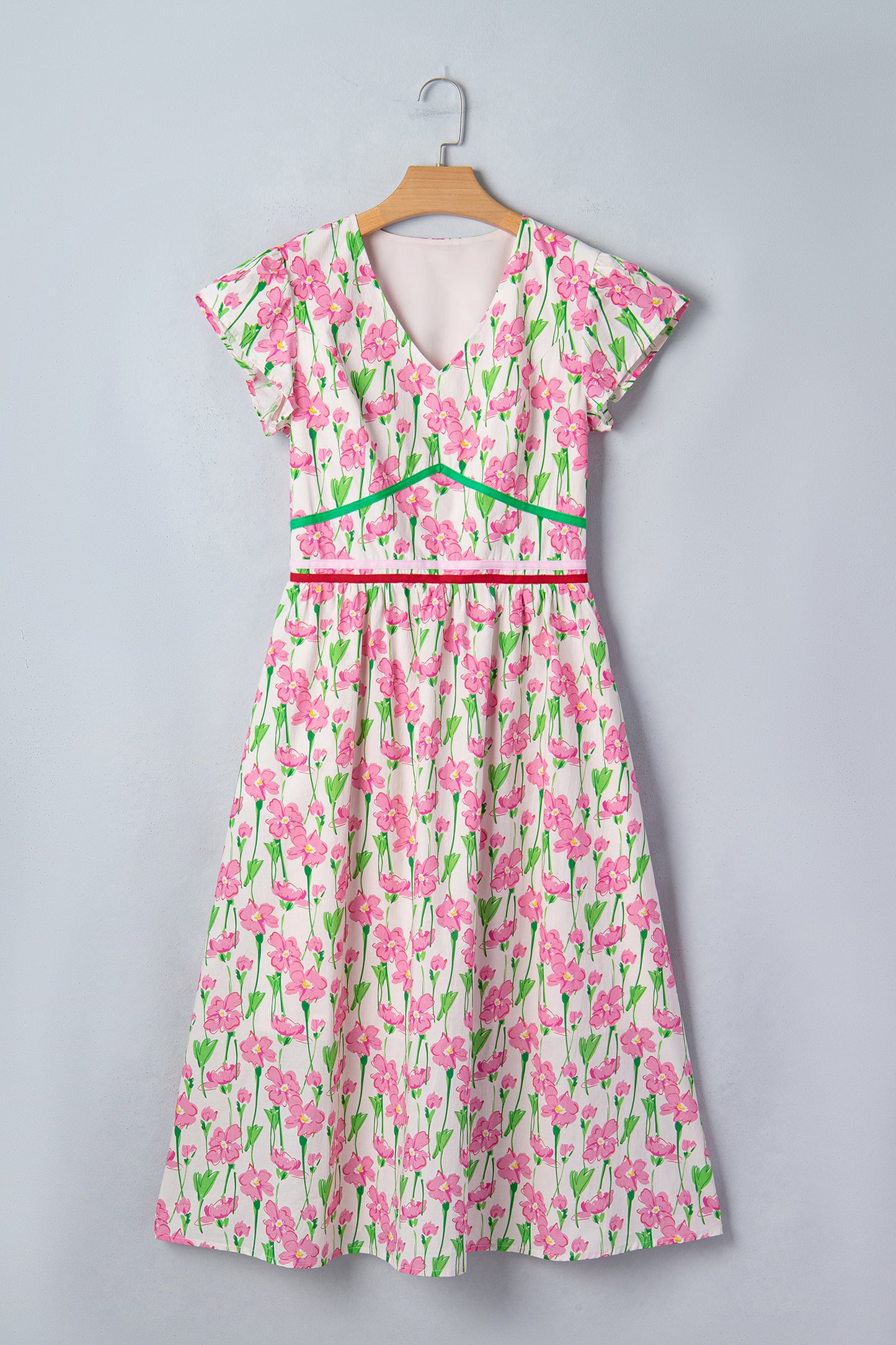 Floral V-Neck Short Sleeve Midi Dress