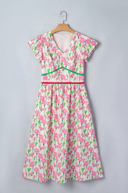 Floral V-Neck Short Sleeve Midi Dress