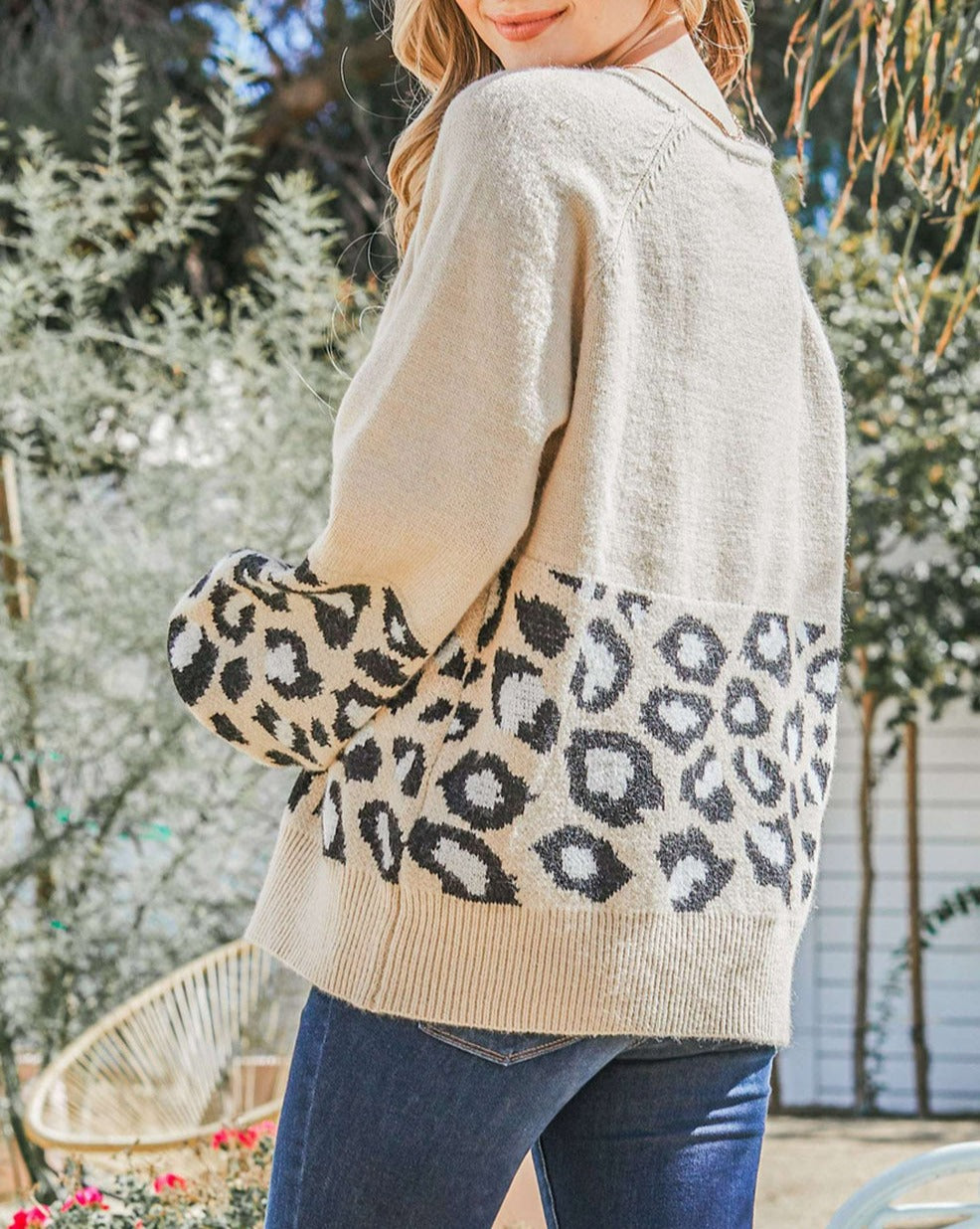 Leopard Colorblock Puff Sleeve Sweater