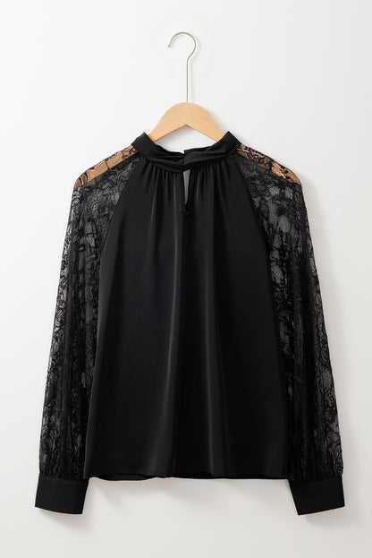 Lace Patchwork Sleeve Keyhole Neckline Blouse