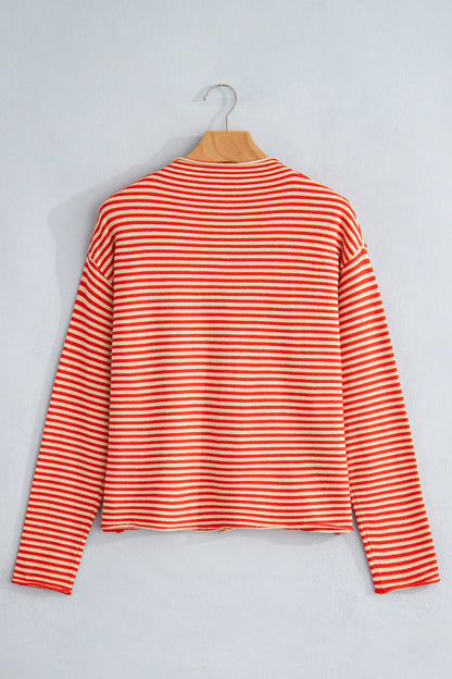 Stripe Button Collar Long Sleeve Knit Cardigan