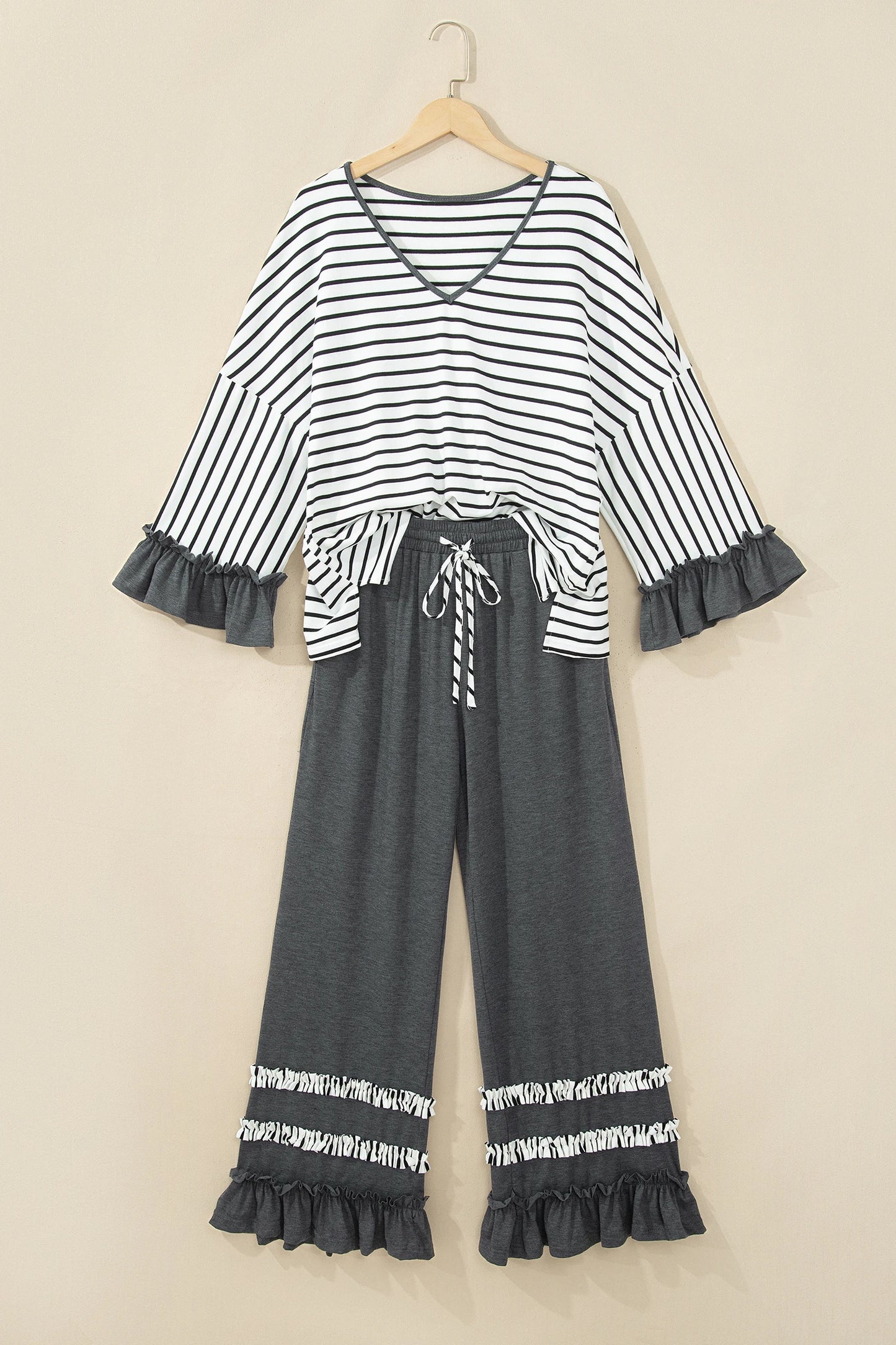 Stripe Ruffle Patchwork V-Neck Top & Pants Set
