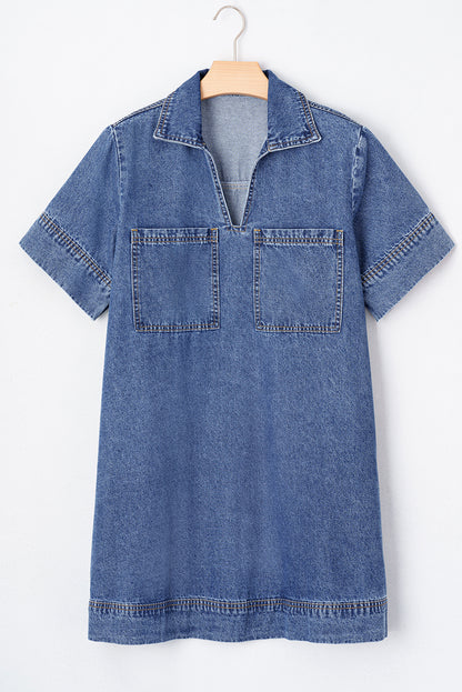 Solid Denim Collared Patch Pocket Mini Dress