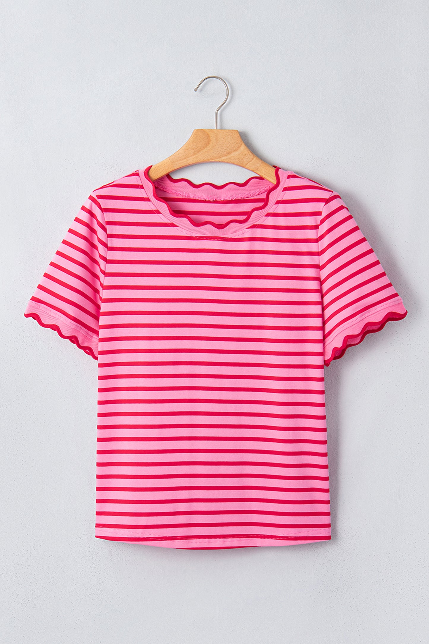 Stripe Scallop Trim Round Neck T-Shirt