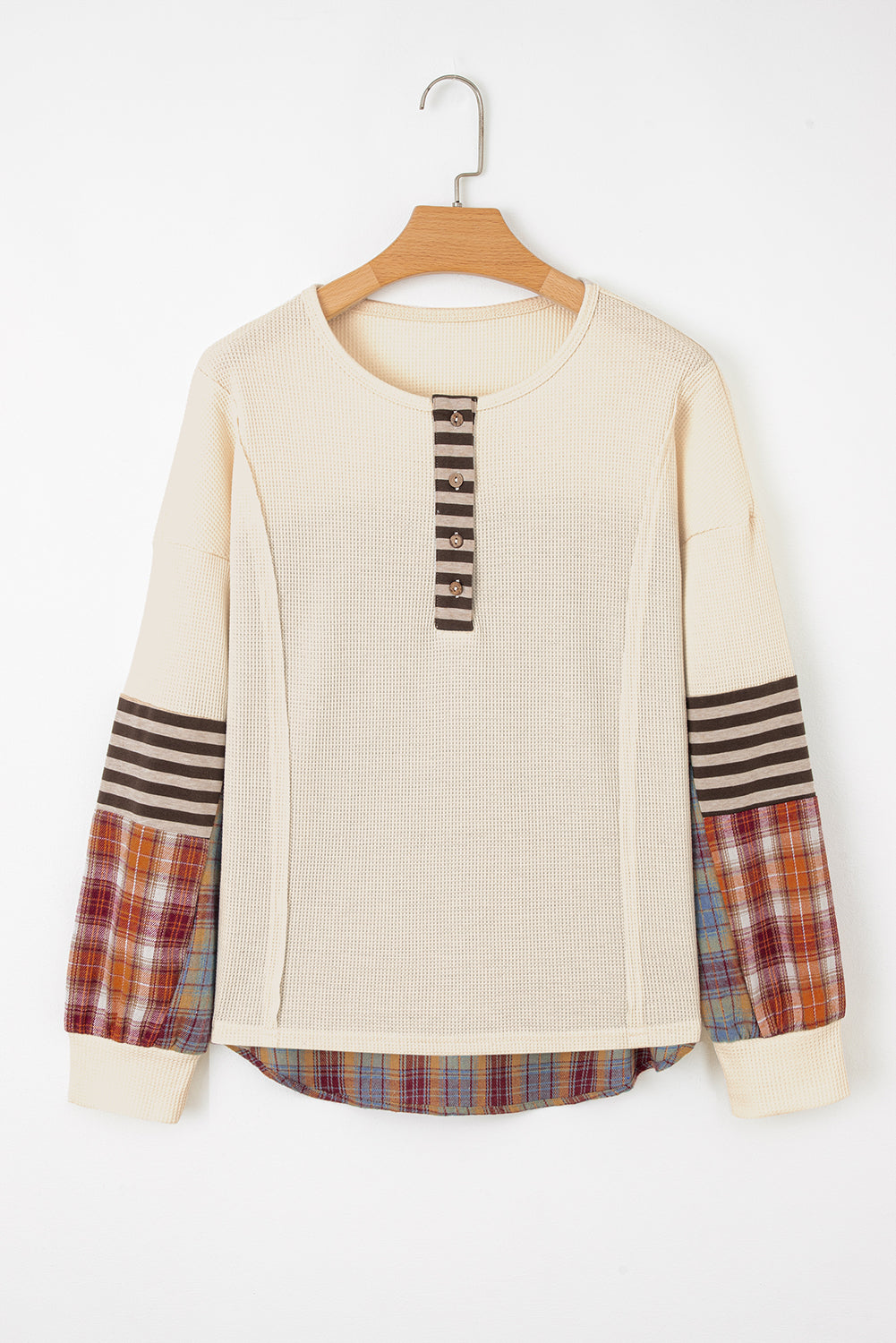 Stripe Plaid Patchwork Waffle Knit Henley Top