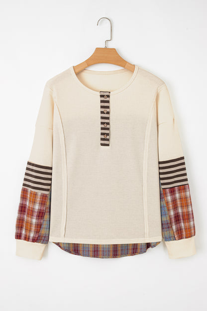 Stripe Plaid Patchwork Waffle Knit Henley Top