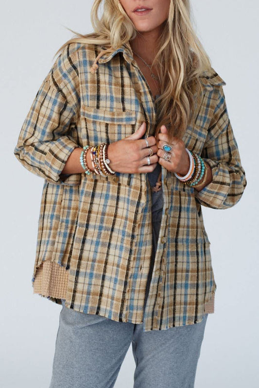 Plaid Waffle Knit Patchwork Shacket