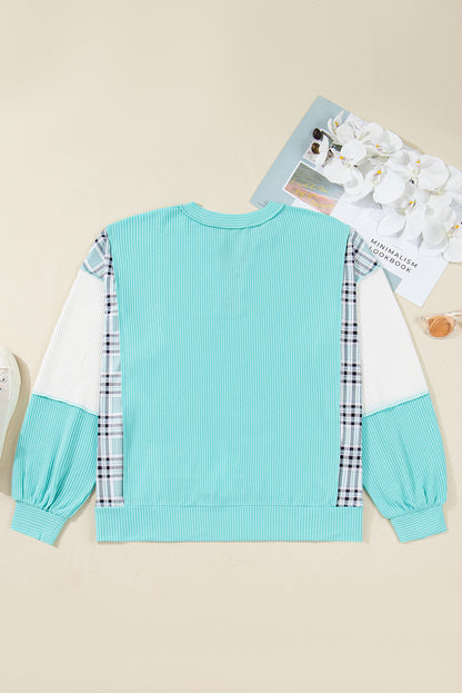 Plus Size Plaid Patchwork Corded Knit Long Sleeve Top