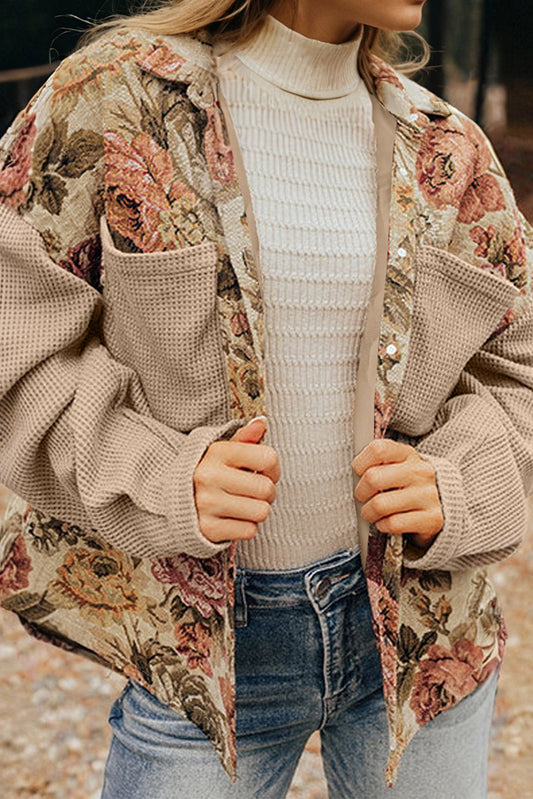Floral Waffle Knit Patchwork Chest Pocket Buttoned Jacket