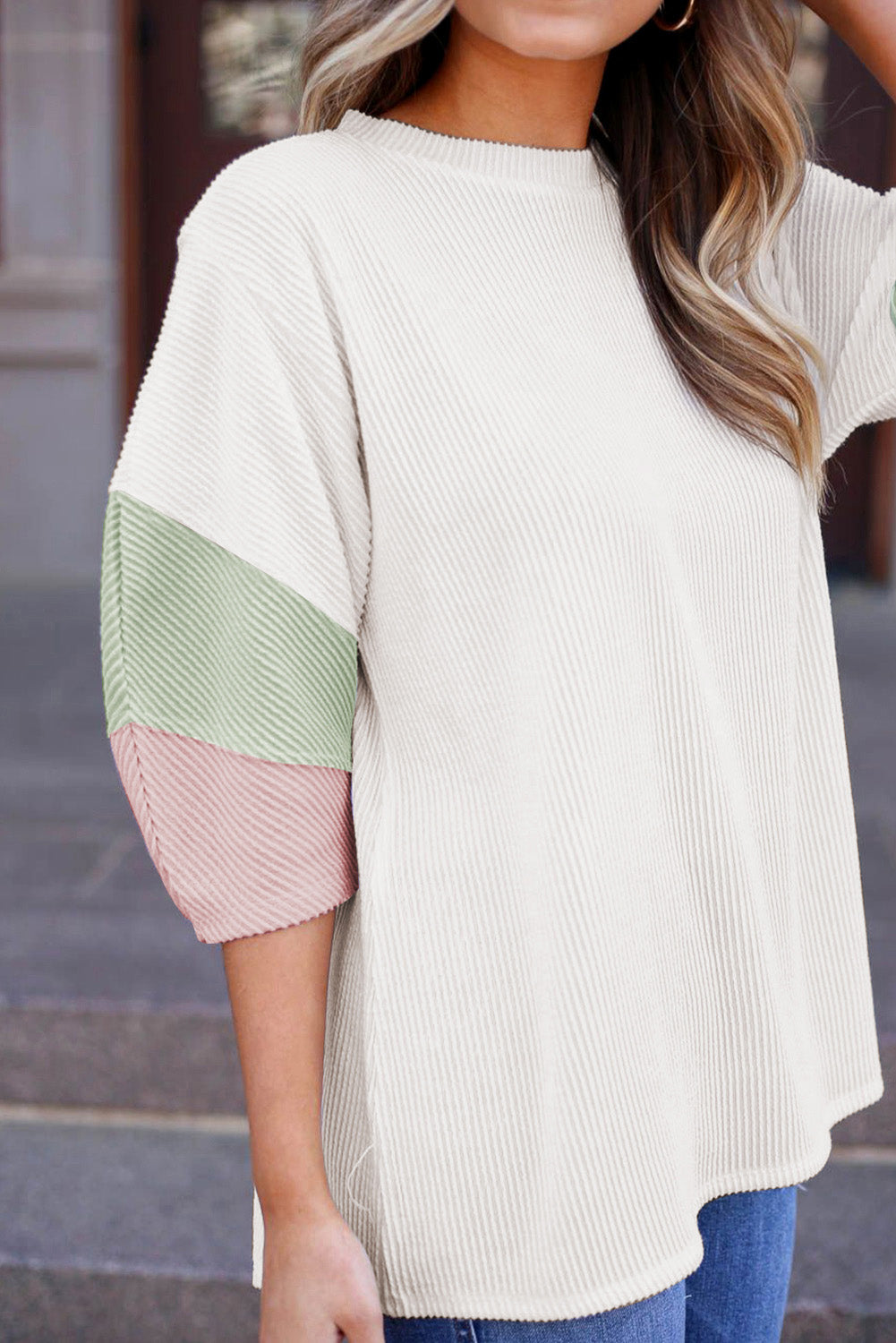 Colorblock Ribbed 3/4 Sleeve Top