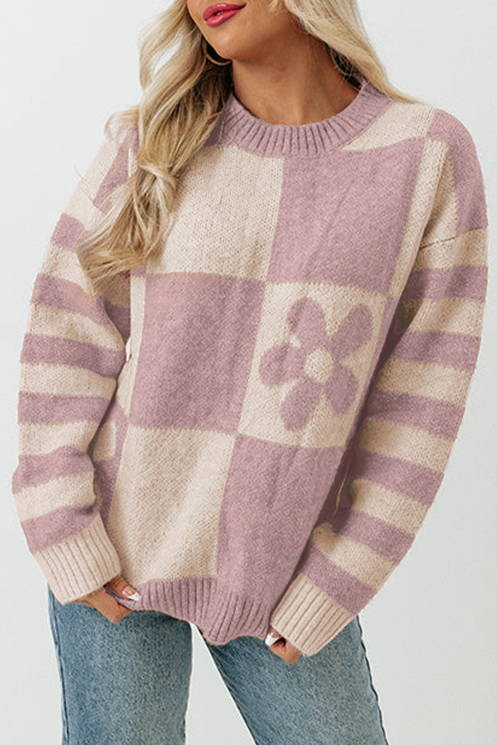 Checkered Floral Stripe Colorblock Sweater