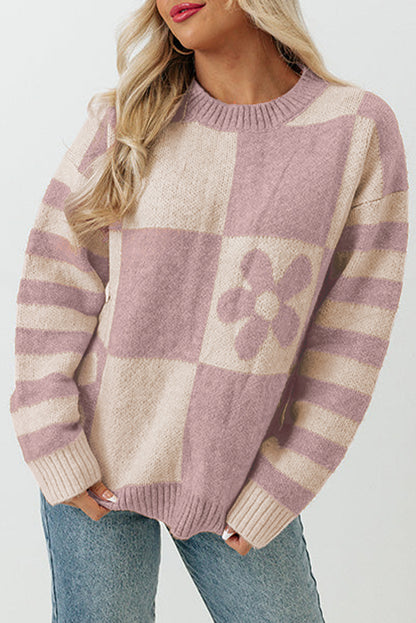 Checkered Floral Stripe Colorblock Sweater