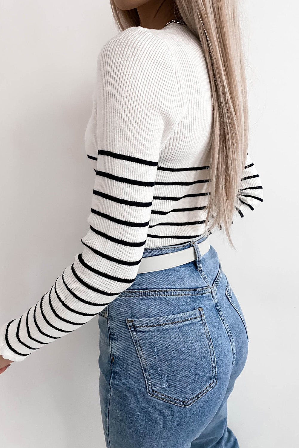 Scalloped Striped Ribbed Sweater