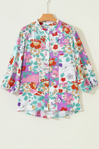 Floral Patchwork Frilled Neck Long Sleeve Shirt