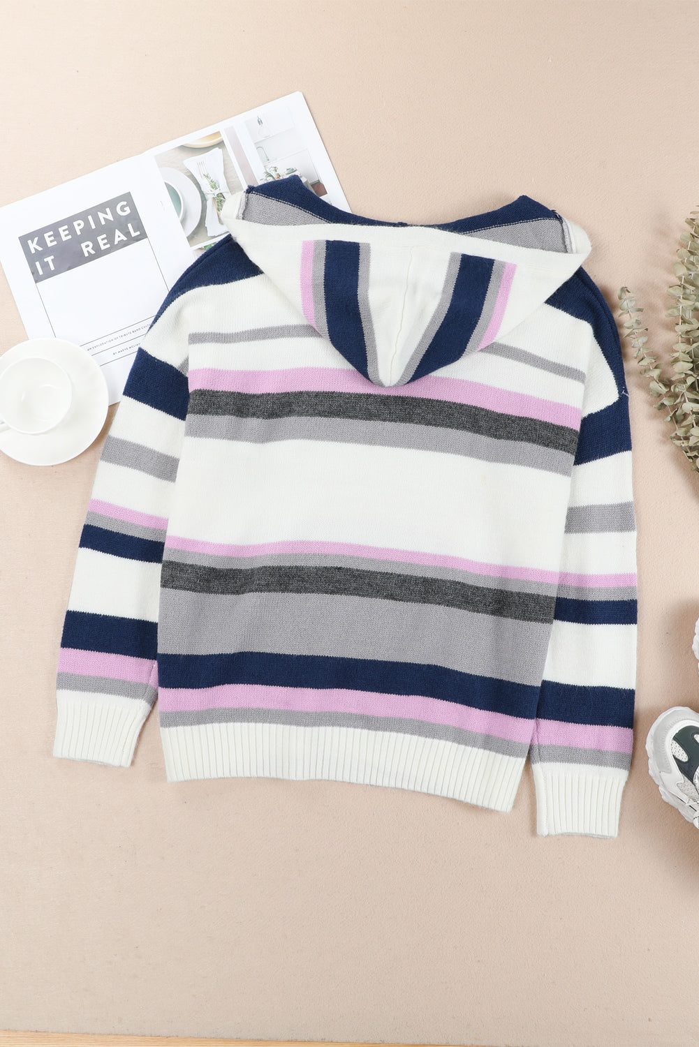 Plus Size Stripe Hooded V-Neck Sweater