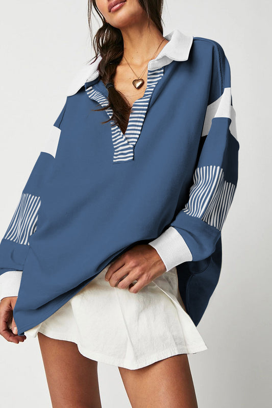 Stripe Colorblock Collared V-Neck Sweatshirt