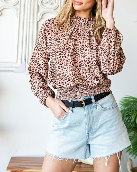 Leopard Smocked Bubble Sleeve Blouse