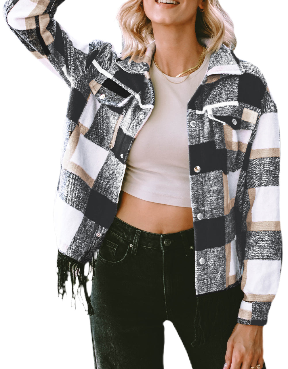 Plaid Pocket Fringed Hem Jacket