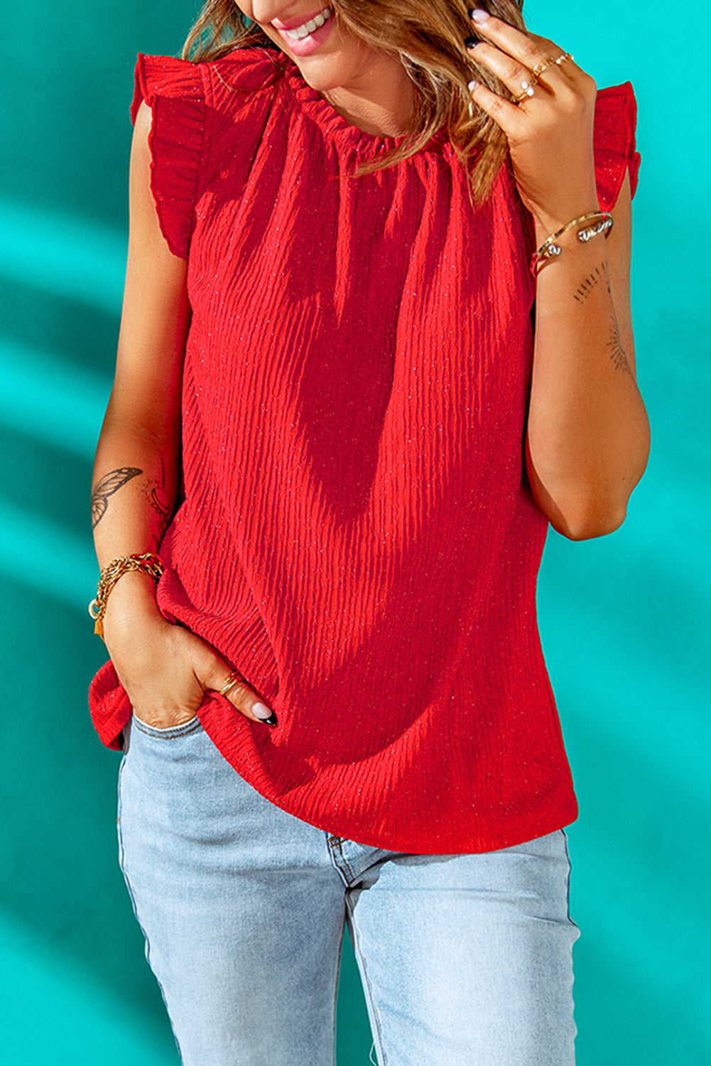 Ruffle Round Neck Sleeveless Top