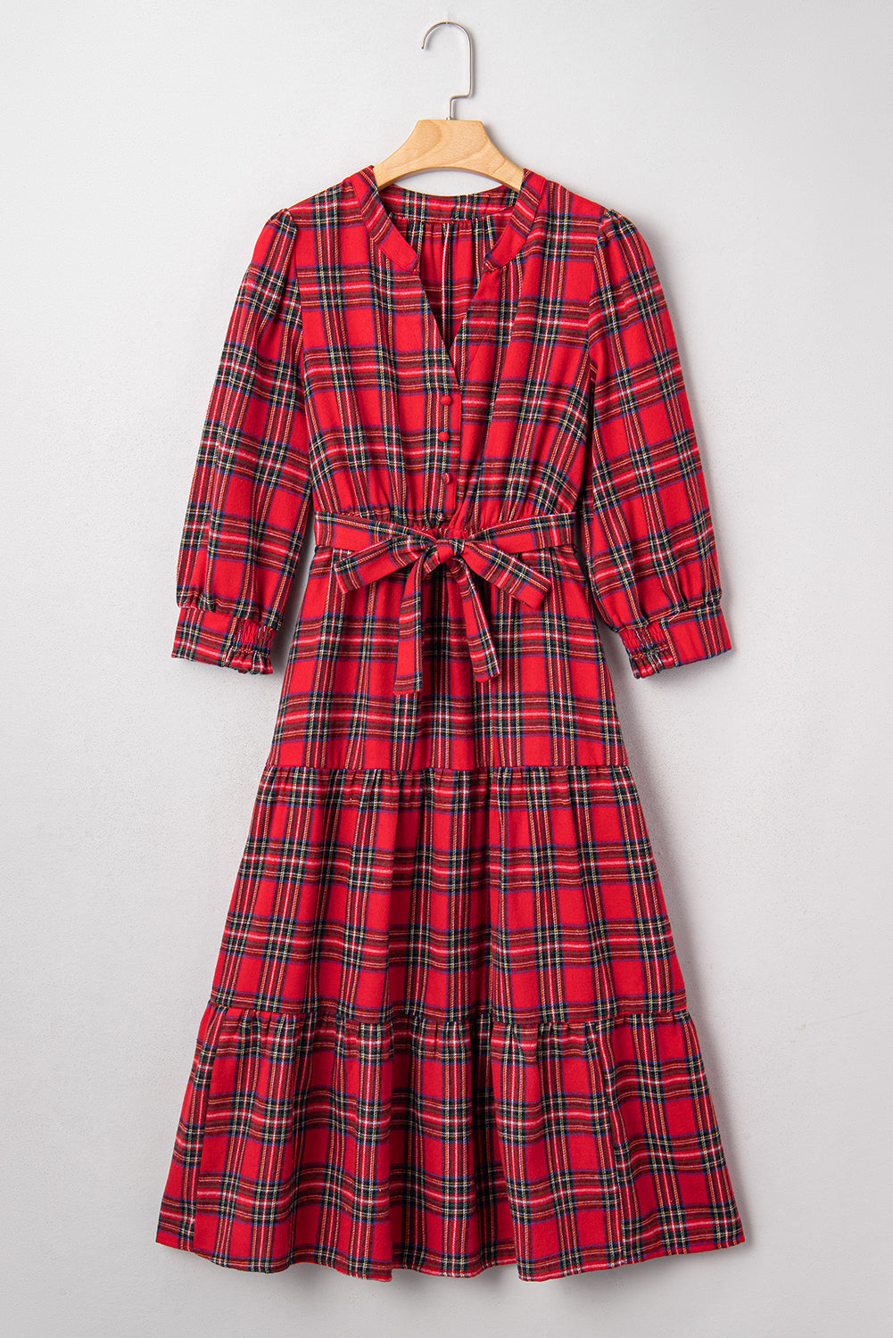 Plaid V-Neck Tie Waist Ruffle Hem Dress