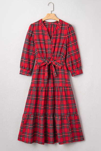 Plaid V-Neck Tie Waist Ruffle Hem Dress