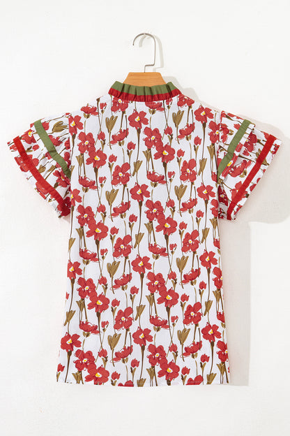 Floral Contrast Trim V-Neck Ruffle Short Sleeve Blouse