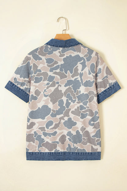 Camo Denim Patchwork Polo Collar Tee
