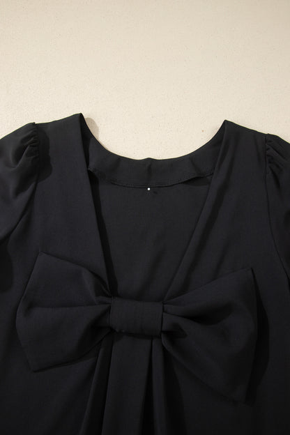 Solid Backless Bow Tie Short Sleeve Mini Dress